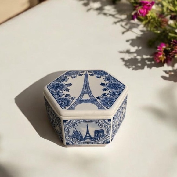 Blue and White Trinket Dish | Eiffle Tower Trinket Box | Blue and White Decor - Picture 1 of 8